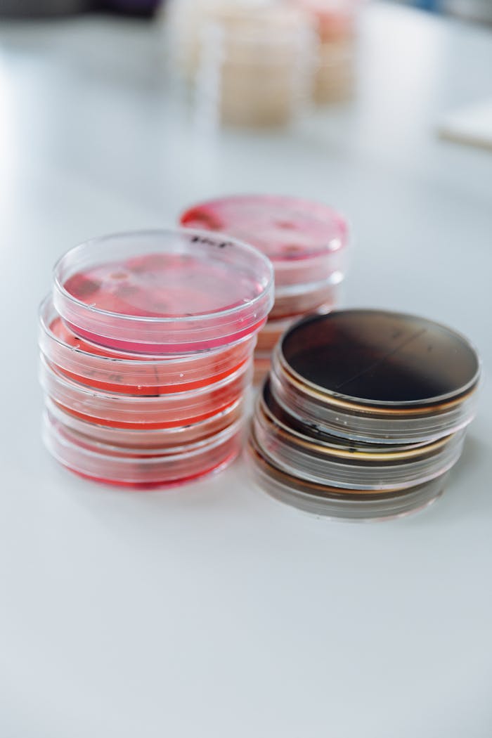 Colorful petri dishes stacked on a lab table, showcasing microbiology research.